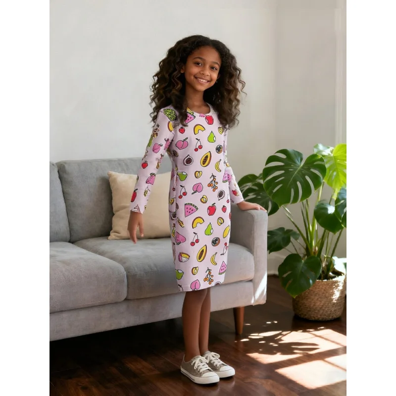 

2026Girls' Long Sleeve Dress Fruit Print Princess Dress