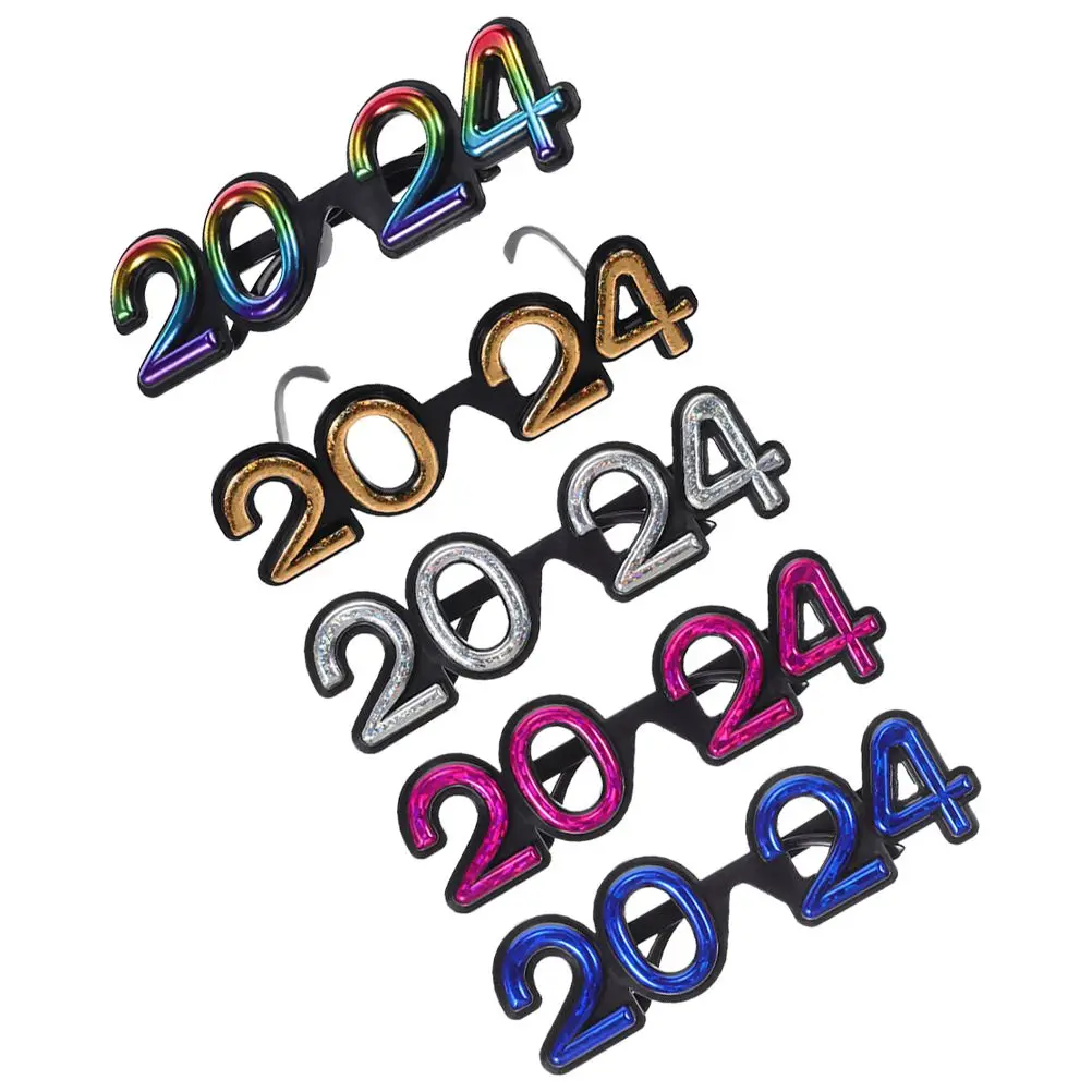 

5pcs Novelty Glasses 2024 Lightweight PC Material Photo Props for New Year Party Supplies Silver Gold Blue Pink