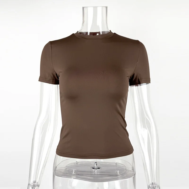 Camiseta de manga corta con cuello redondo y corte ajustado para chica picante, top de color sólido para mujer