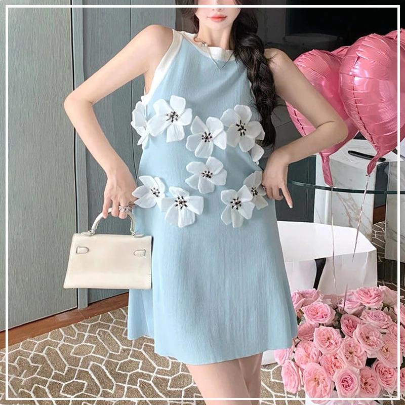 

French Advanced Sense Youth Vitality Temperament Sweet Fresh Flower Cool Straight Skirt Women's Sleeveless Dress Summer 2024