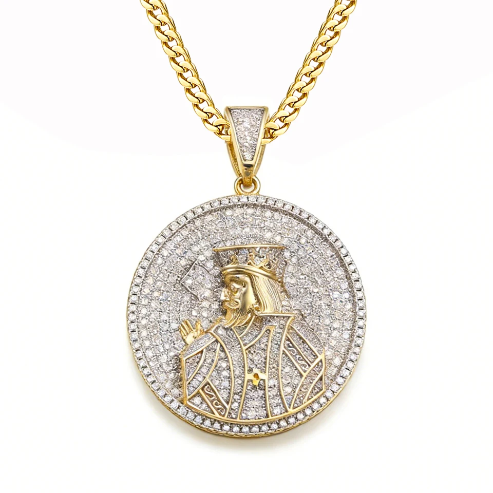 VANAXIN Iced Out Round Poker King Pendant Necklace for Men Women 14k Gold Color Cubic Zirconia Hip Hop Punk Jewelry