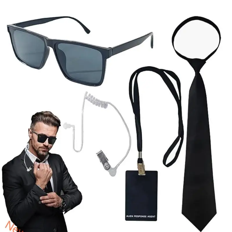 Geheime agent verkleed outfits, waaronder een zwarte bril Earpiece en Neck Tie Security Guard Cosplay kostuum voor kinderen