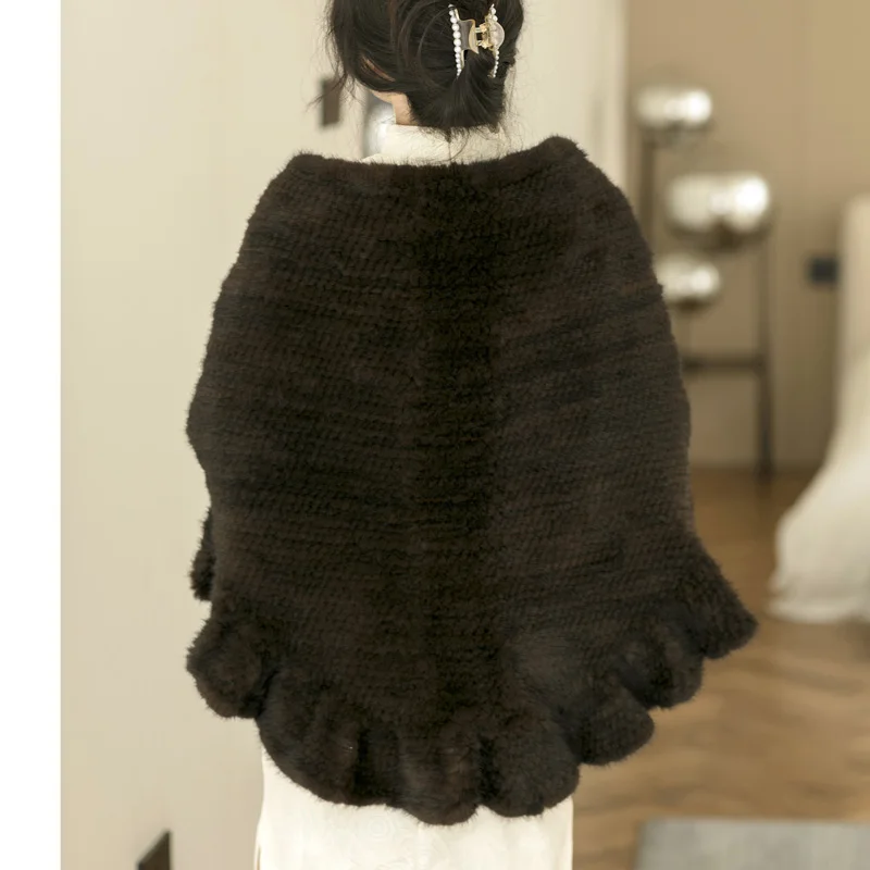 Besfilin Women\'s Real Mink Fur Big Cape Half Round Shawl Woven Scarf Travel Poncho, Double-sided Fashion, Autumn and Winter Warm