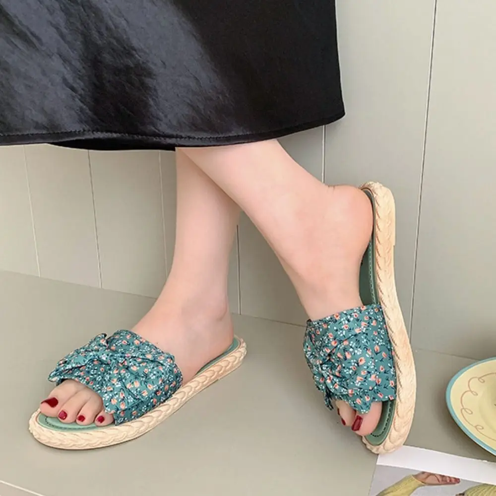 Casual Bohemia Style Beach Slippers Women PVC Open Toe Floral Flat Slippers Bowknot Anti-Slip Slides Sandals Home