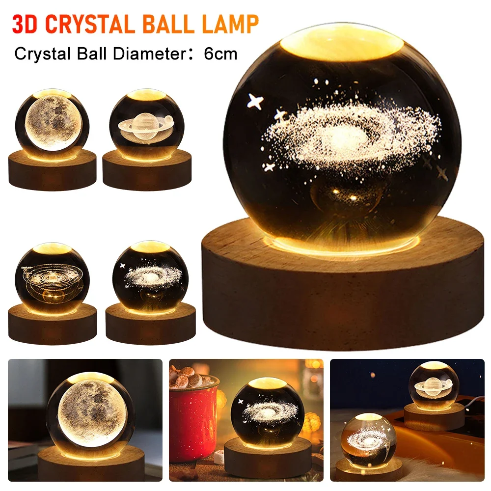 LED Crystal Ball Table NightUSB Night Light Lamp 3D Moon Planet Galaxy Decor for Home Table Lamp Party for Kids Adult Xmas Gifts