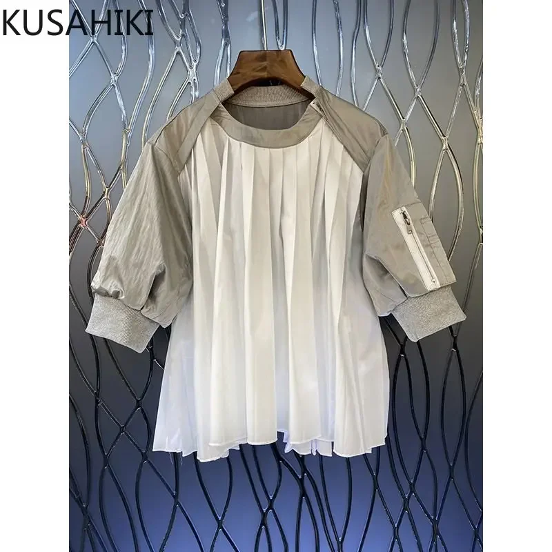 KUSAHIKI 2023 Fashion Zipper Pockets Puff Sleeve Hit Color Folds Womens Tops Spring Summer Chic Sweet Korean Graphic T Shirts