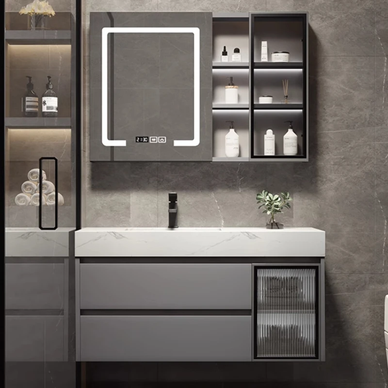 

Smart bathroom cabinet, light luxury, gray solid wood glass sideboard, bathroom rock slab washbasin, washbasin