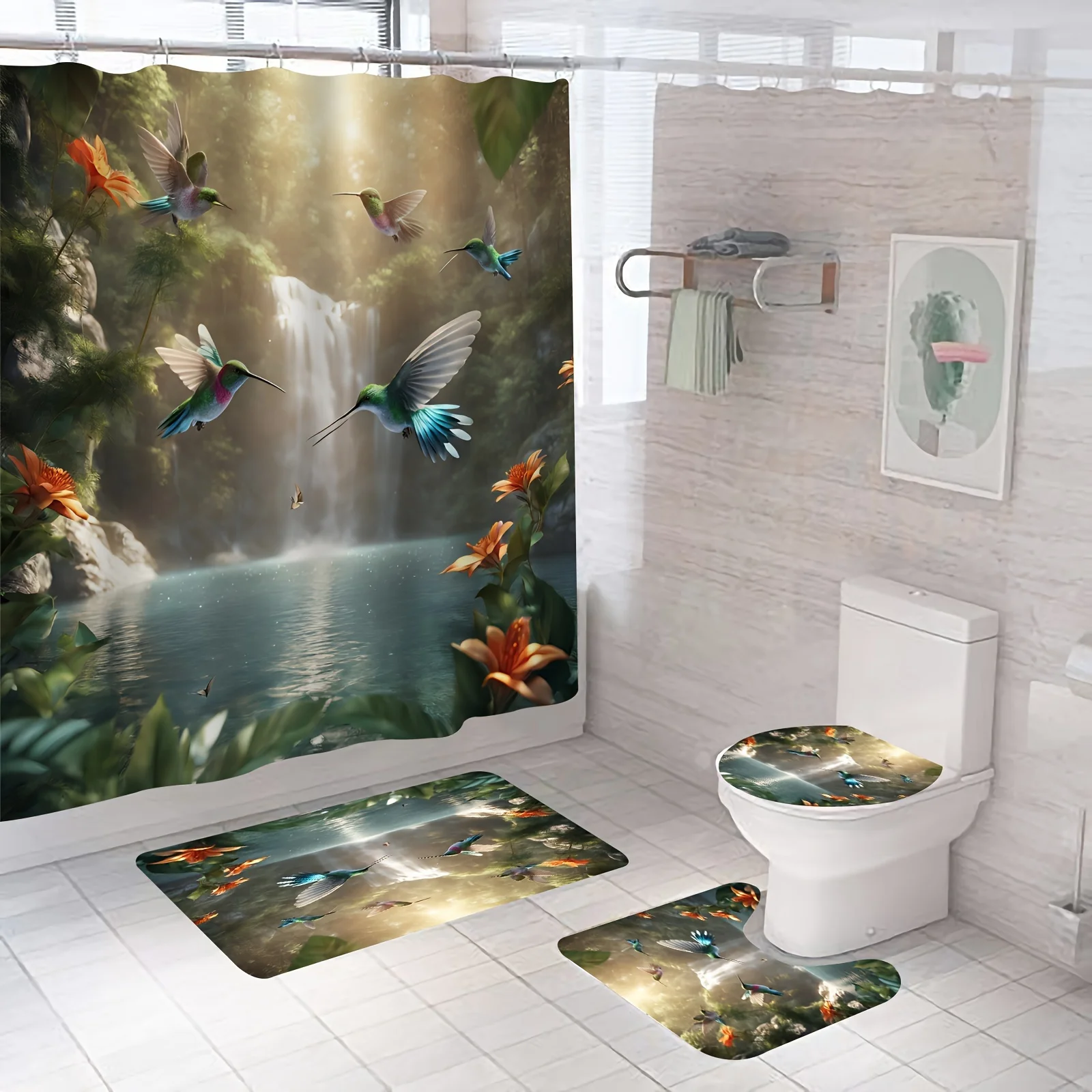 

4-pieceHummingbirdWaterfall ShowerCurtainSet: forest flower curtain (12 hooks), anti-slip bath mat, U-shaped toilet pad & cover.