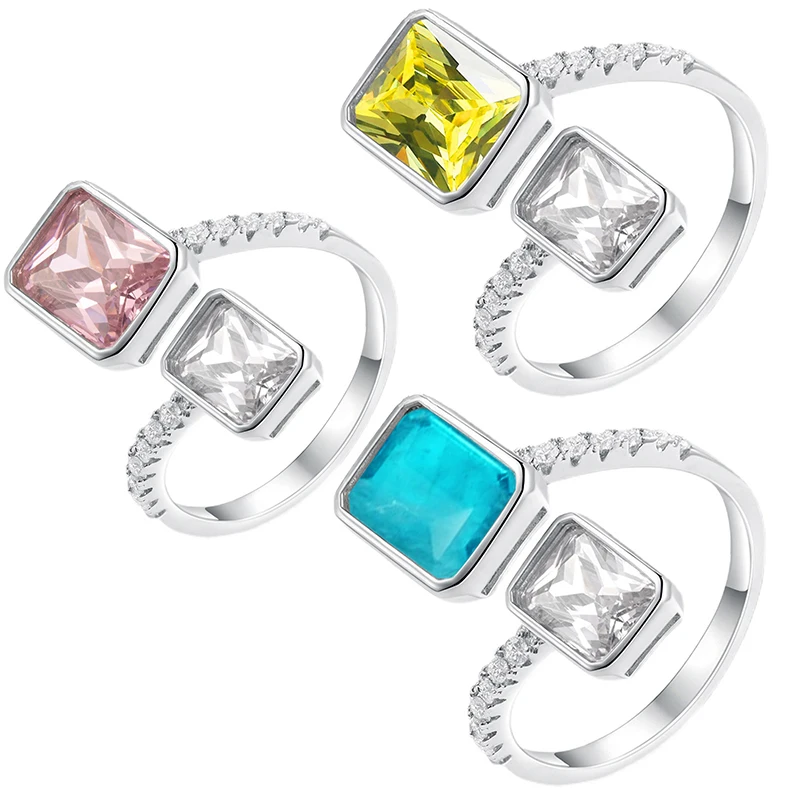 New S925 silver pink yellow diamond square stitching open ring niche design sense female creative luxury jewelry