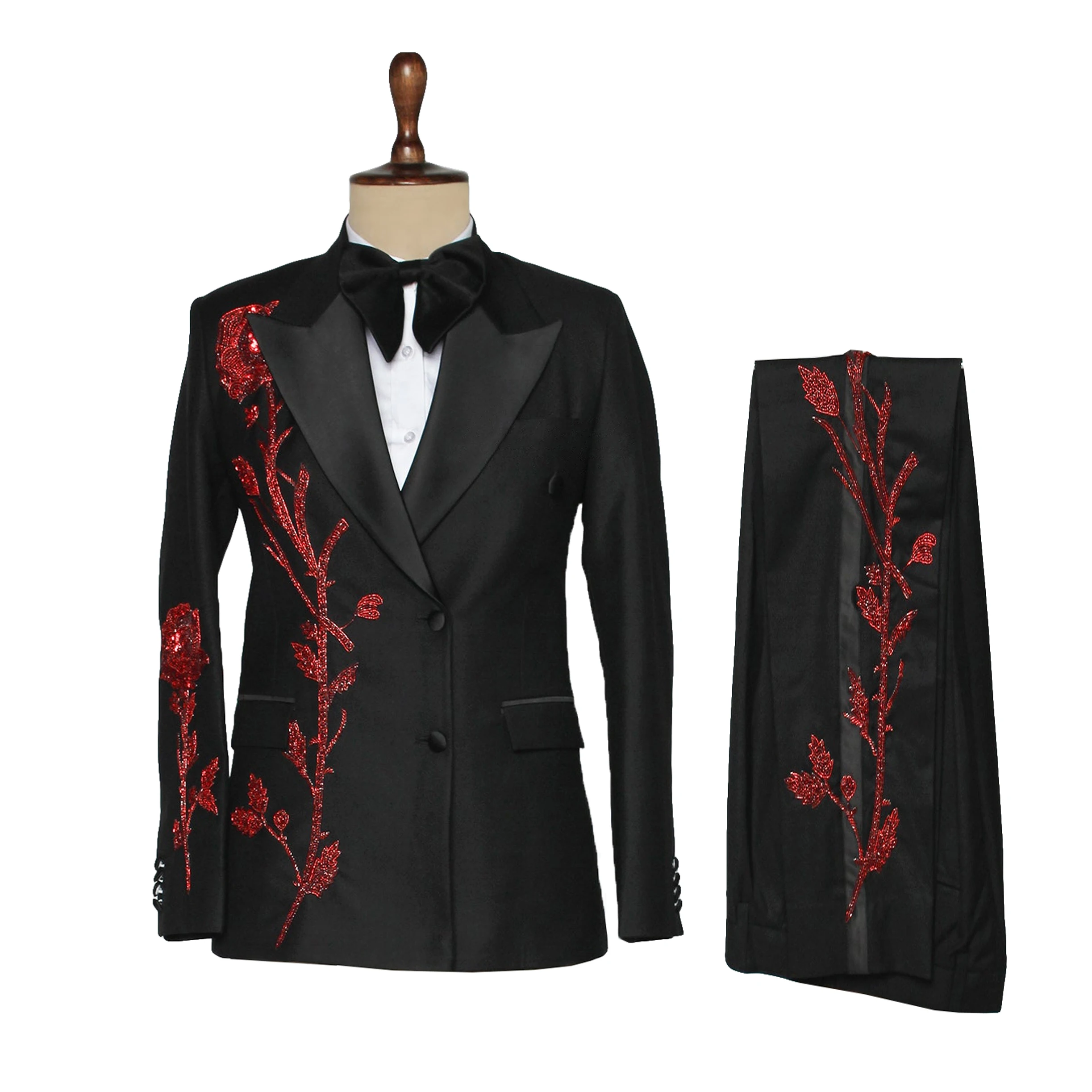 Men's Black Peak Lapel Tuxedo Suit with Red Sequin Rose Floral Embroidery and Matching Trousers Prom Party Custom Made M264858