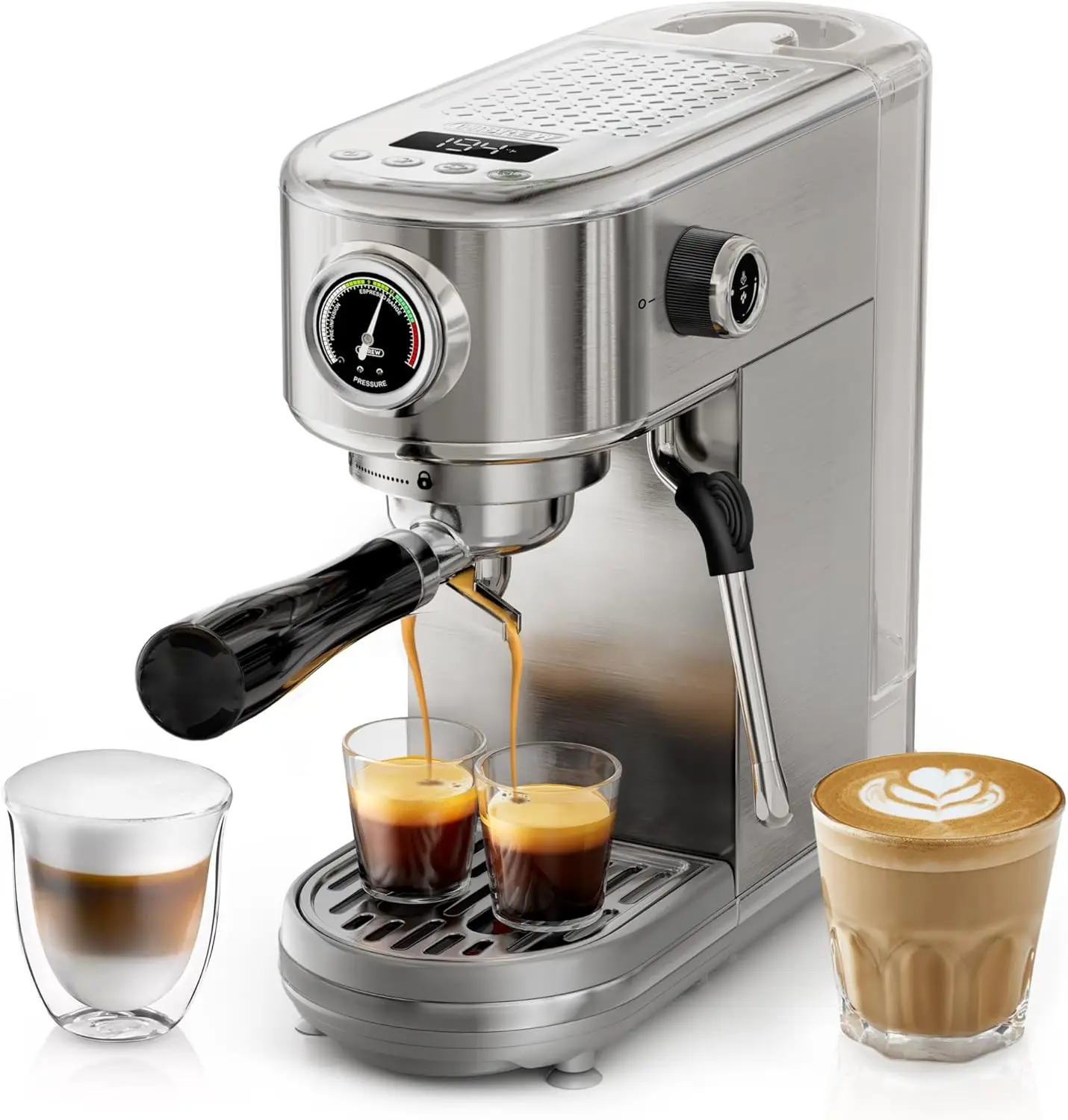 

Espresso Machine, Brushed Stainless Steel, Adjustable Temperature and Cup Volume, Steam Wand for Milk Frother