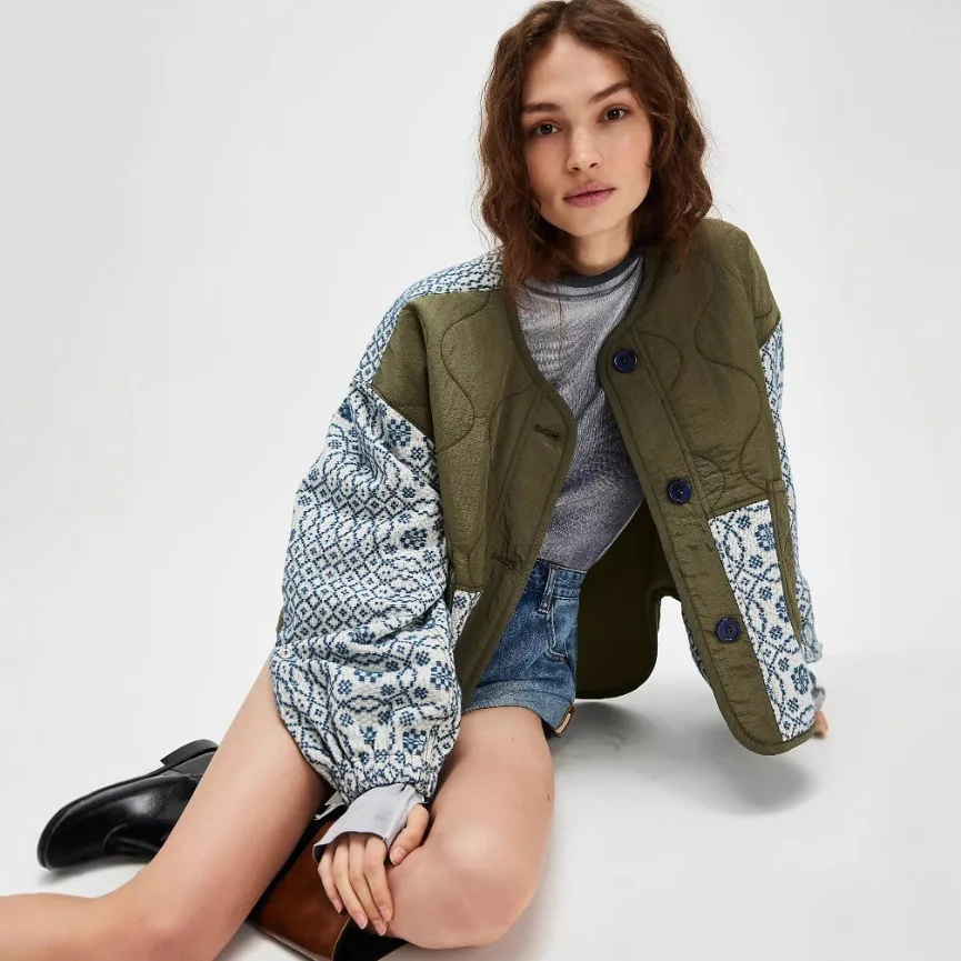 الخريف الشتاء المرأة طويلة الأكمام س الرقبة سترة الأزياء الأزهار المطبوعة تقسم جيب ملابس خارجية أنيقة فضفاضة المرأة تخفيف معطف