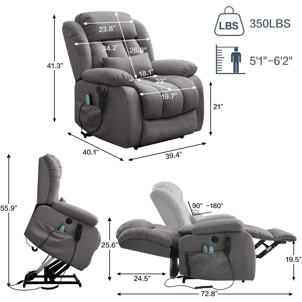 Position Dual Motor Power Lift Chair Lay Flat Recliner Linen Fabric Sleeper Chair for Elderly with Heat and Massage, USB Ports