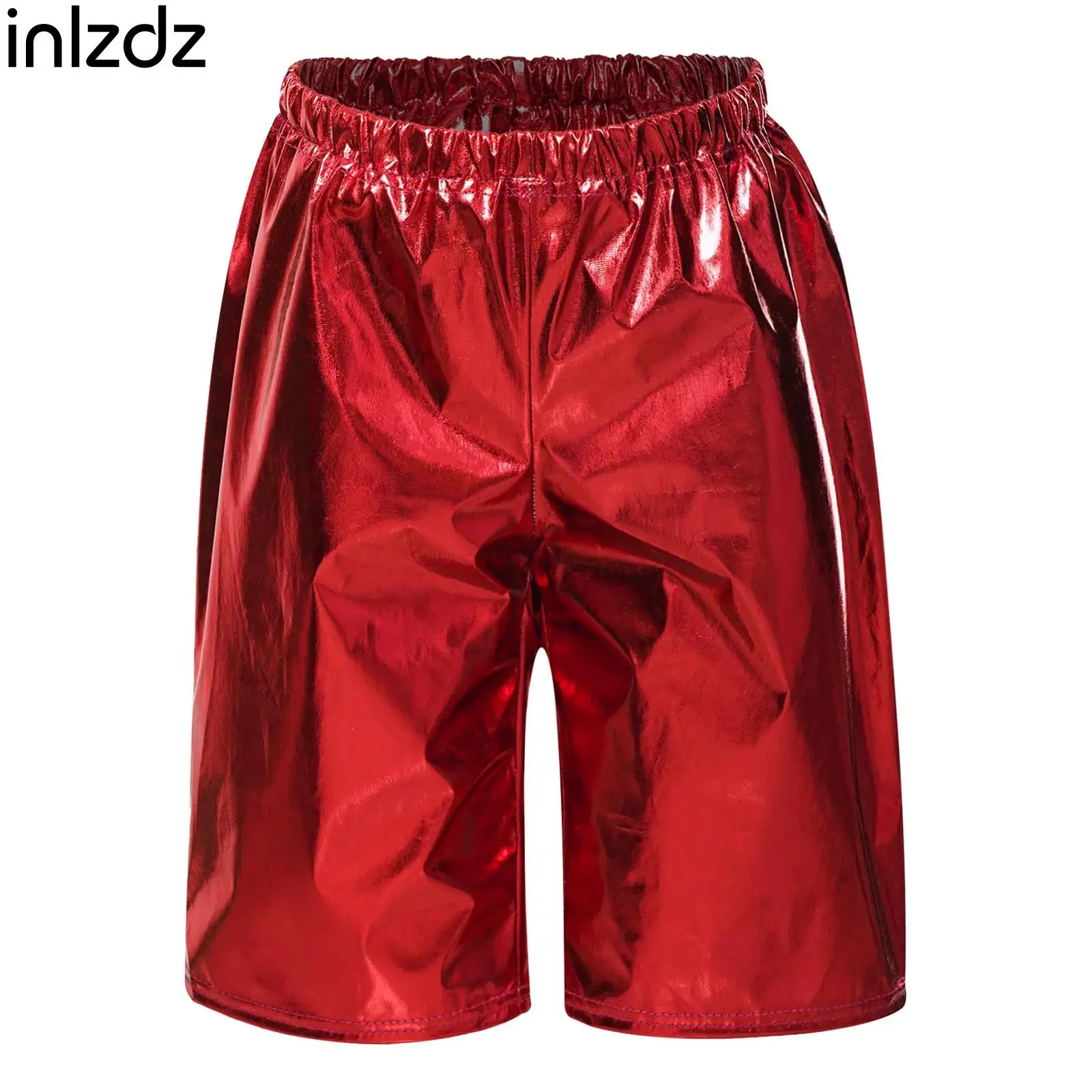 

Kids Girls Boys Keen Length Pants Performance Costumes Shiny Glossy Shorts Elastic Waist Straight Legs Pants for Jazz Dance