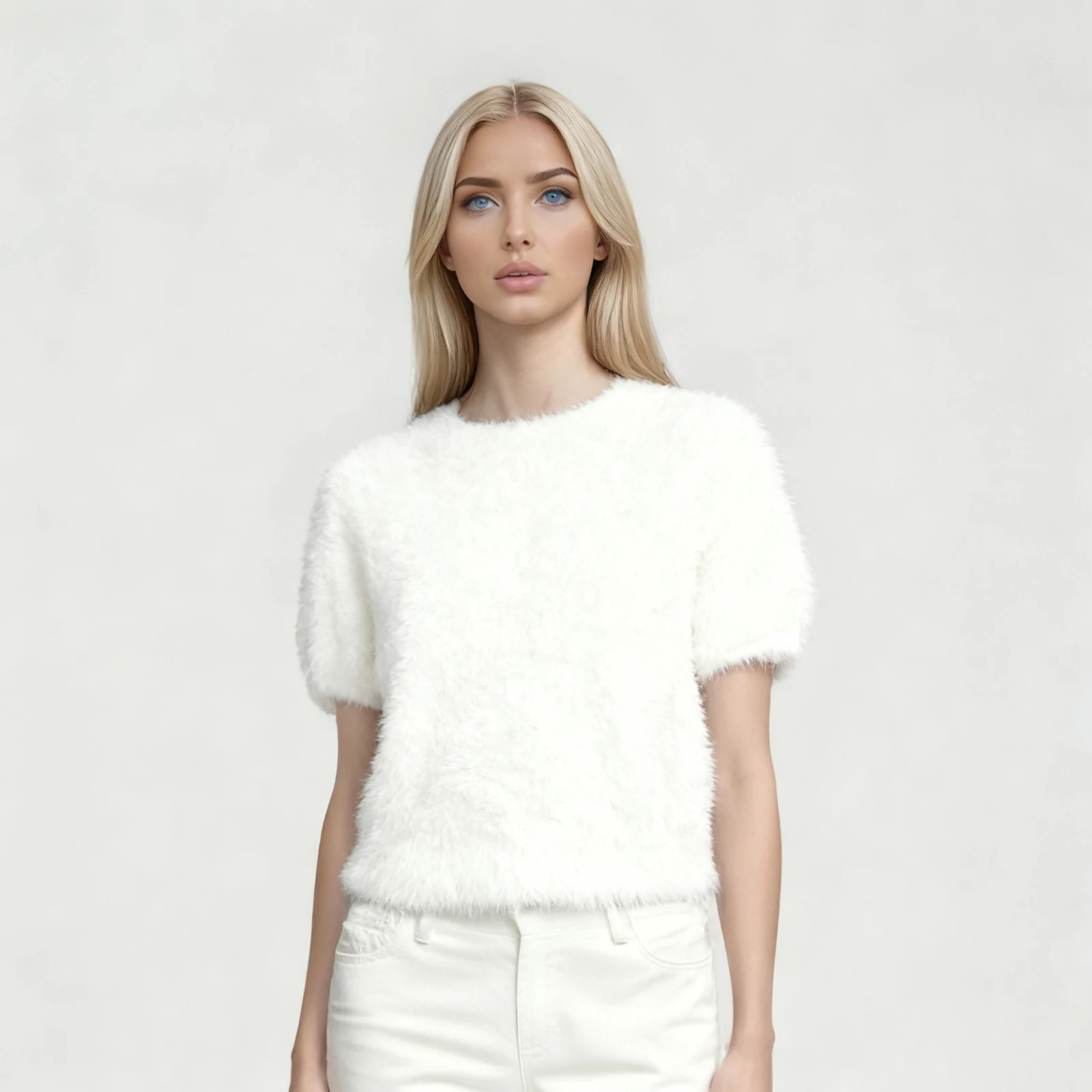 

Женский мягкий пушистый свитер на весну-лето, однотонный, с коротким рукавом, круглым вырезом, облегающий укороченный топ