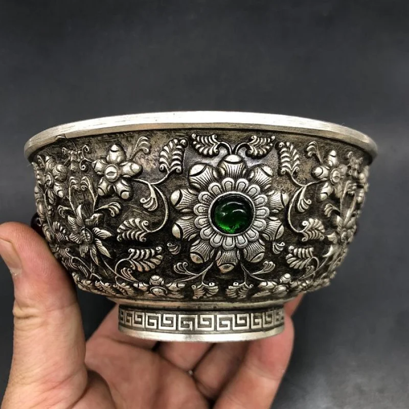 Antique Miscellaneous Collection Qing Dynasty Qianlong Era Relief Flower Bowl Home Craft Ornament