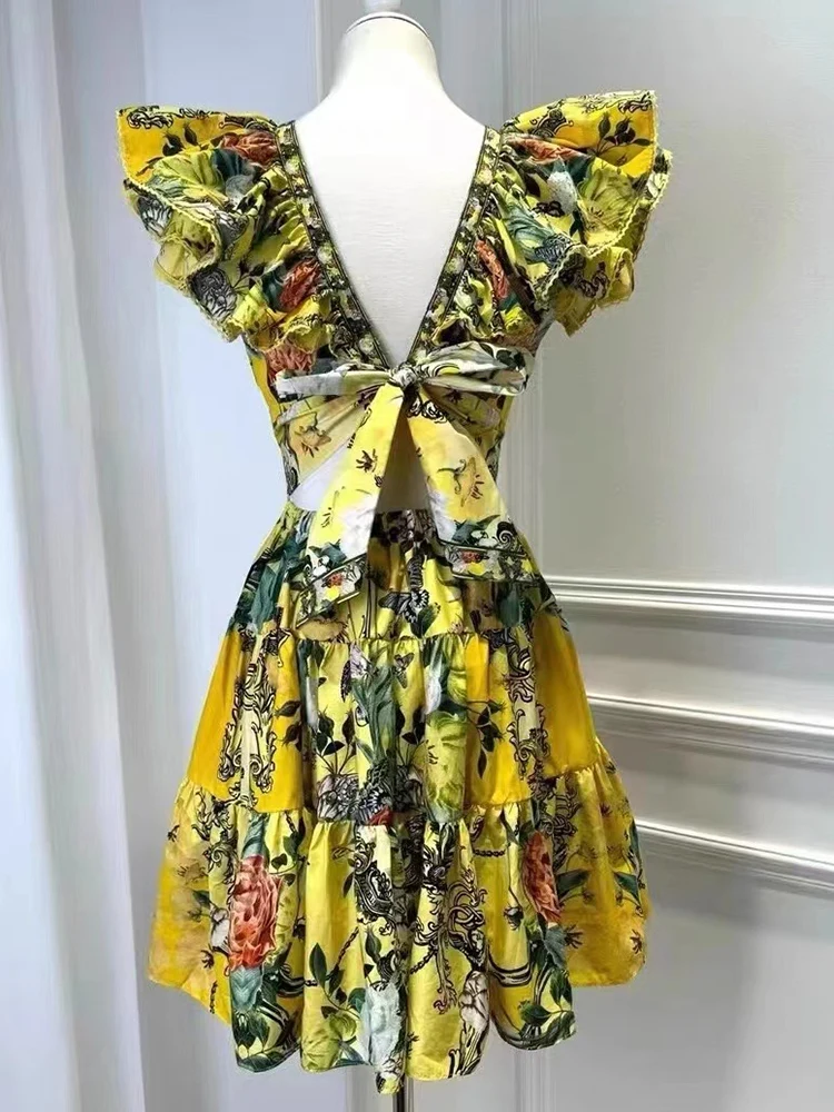 Retro 2024 summer women\'s new V-neck flying sleeve printing holiday wind backless lace-up dress fashion short A-line skirt
