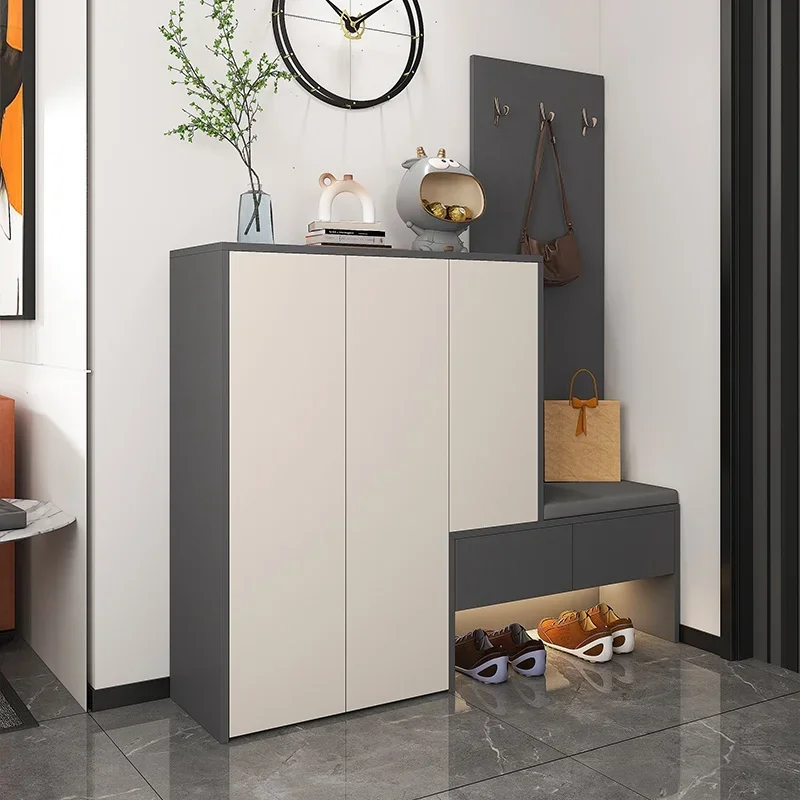 

-Modern Simple Entrance Cabinet With Shoe Rack Clothes Hanger Partition Customizable Door Shoe Changing Stool For Home Use