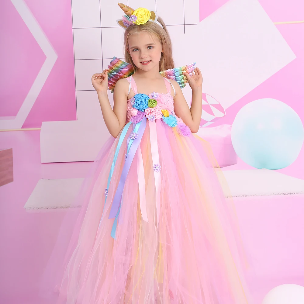 Pastel Rainbow Unicorn Dress Girl Wedding Party Dress Flower Girl Tutu Dress Baby Kids Birthday Dress for Girls Carnival Costume