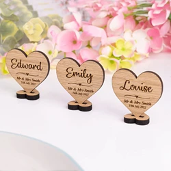 Personalised Wooden Wedding Placenames Place Settings, Heart Shaped Place Names On Stand, Rustic Personalized Place Cards