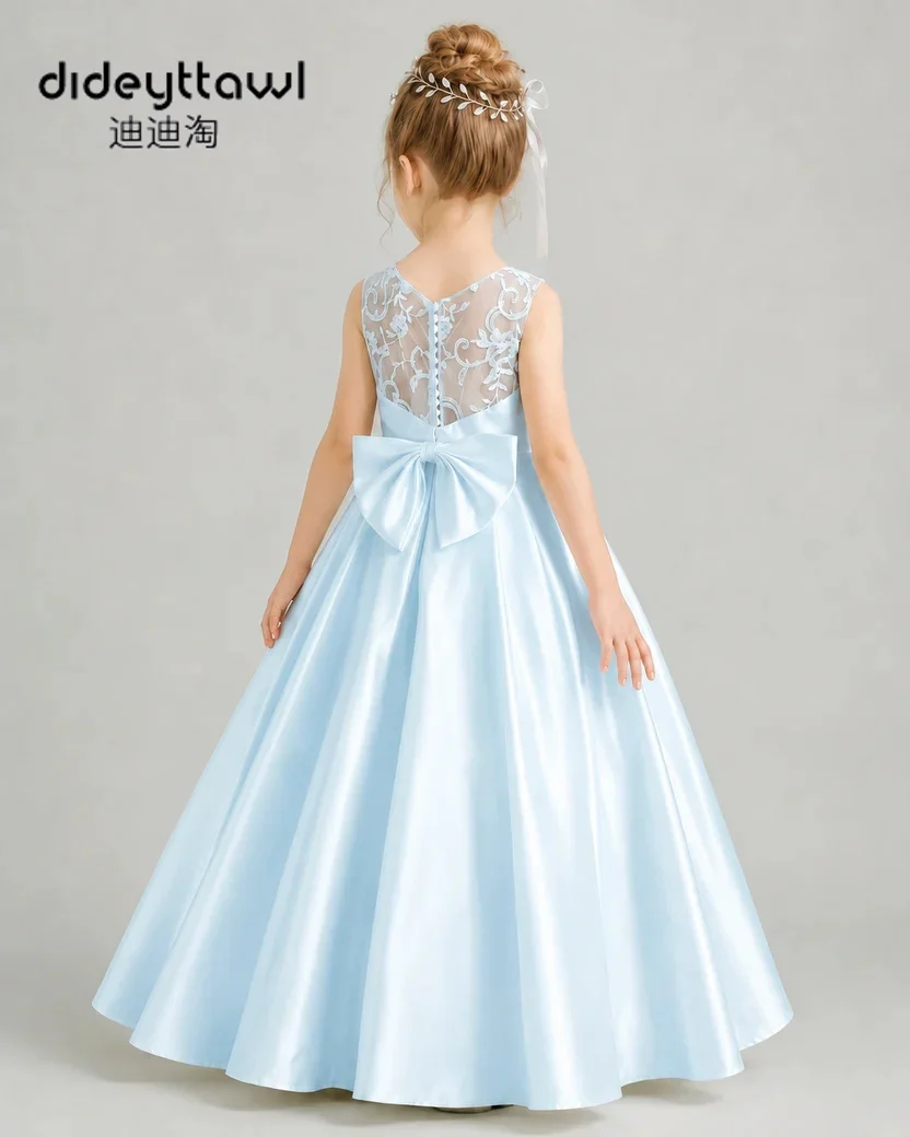 Dideyttawl Sleeveless Satin Flower Girl Dress Lace V Back Big Bow Long Gown Multi Color Kids Wedding Bridesmaid Pageant Birthday