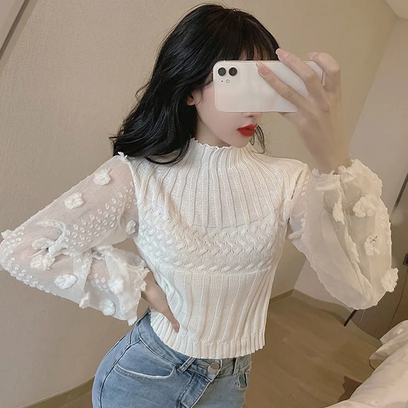 Elegant Mesh Stitching Chiffon Shirt Women Super Fairy Bubble Sleeve High Neck Tight Slimming Short Sweater Knitted Sweater