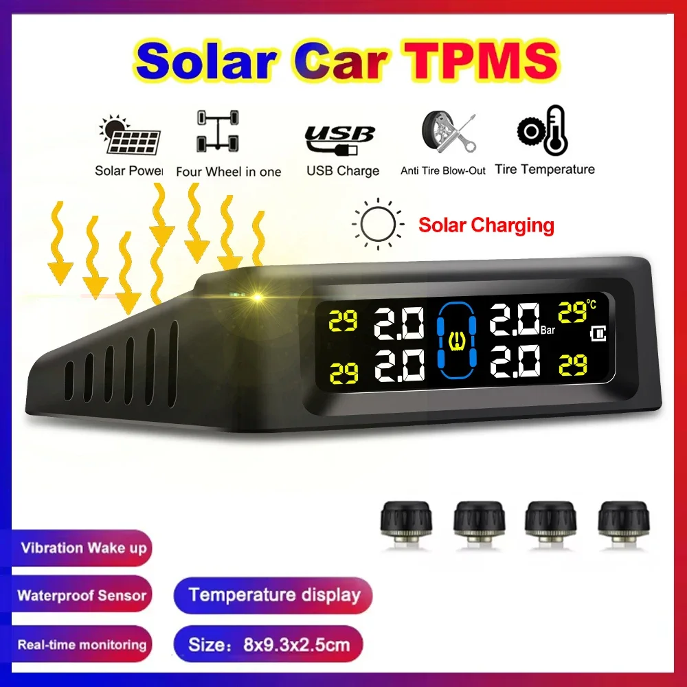 

433.92MHZ Car TPMS Digital Solar Power Car Tire Pressure Monitoring System With 4 Sensors USB Auto Security Alarm tool PSI BAR