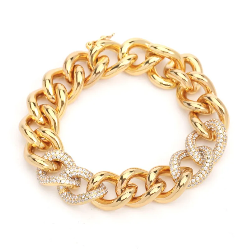 Thick Strong Link Chain Bracelets Cubic Zirconia Gold Color Fashion Jewelry Pulseras For Women