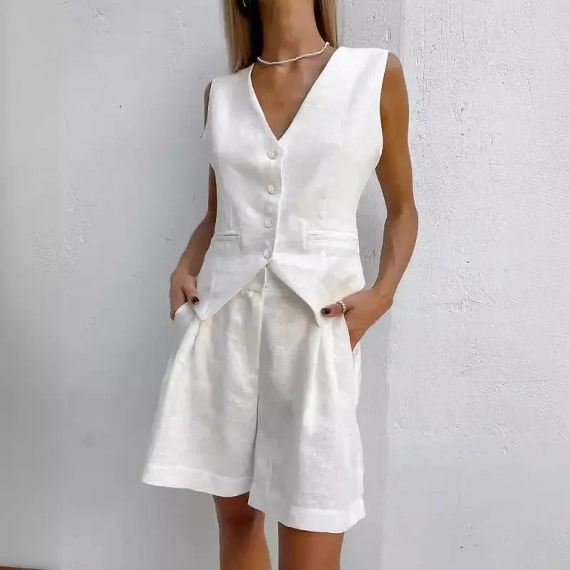 Summer Casual Ladies Elegant Suit New Solid Color Sleeveless Breasted Waistcoat Baggy Wide-leg Shorts Women 2 Piece Set Outfit