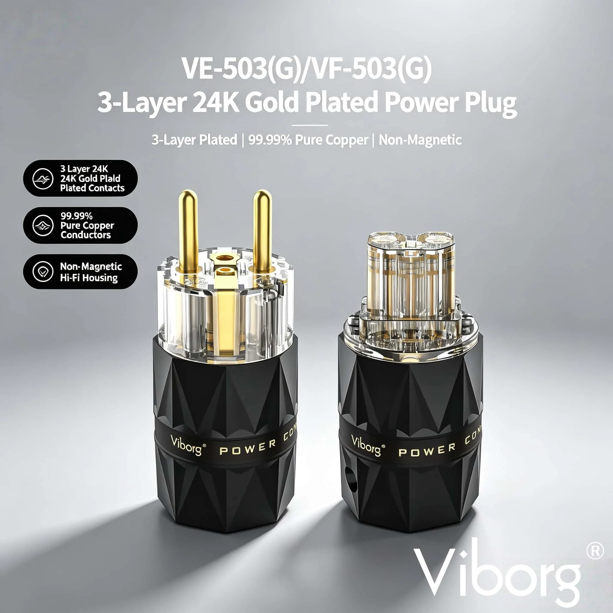 24K Gold-Plated Pure Copper Connectors with Transparent Housing Viborg VE503G/VF503G Schuko/EU Power Plug Pair