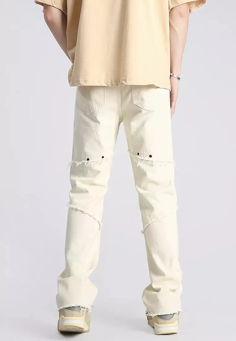 Pantalones vaqueros de pierna recta para hombre, pantalones de retales, corte de bota, pantalones de moda, pantalones de estilo coreano, color blanco crudo, nuevo