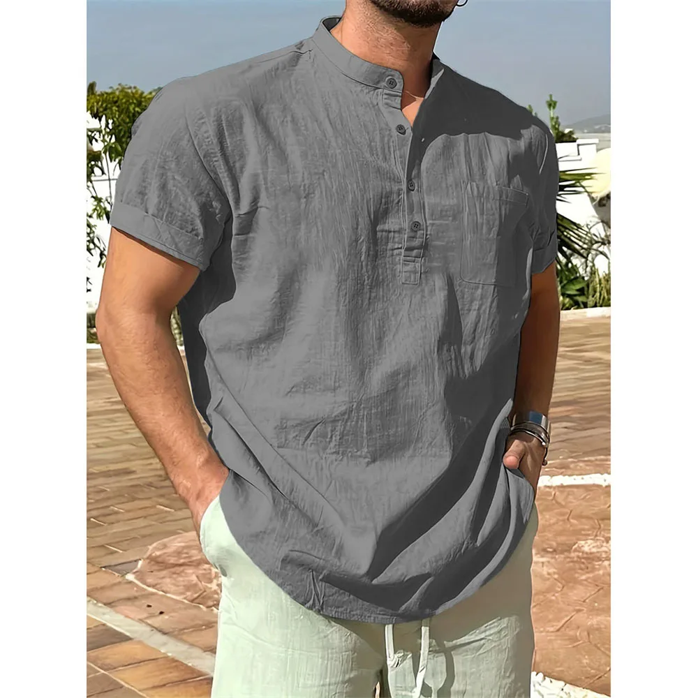Sommer Heißer Verkauf männer T-shirt Baumwolle Leinen Henley Neck Casual Atmungsaktive Leichte Einfarbig Tasche Taste Tops – Detail 10