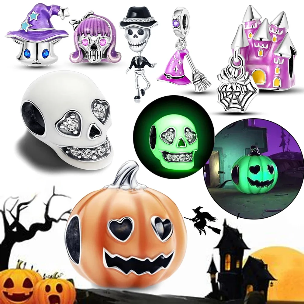 Abalorio luminoso de Plata de Ley 925, accesorio de calabaza, Calavera, Castillo de Brujas, compatible con pulsera, collares, colección de joyas de Halloween