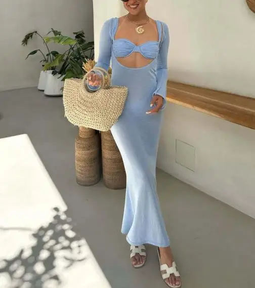 

Women's Dress 2026 Summer New American Spicy Girl Sexy Hollow Out Woolen Fabric Perspective Hip Hugging Beach Vacation Dress