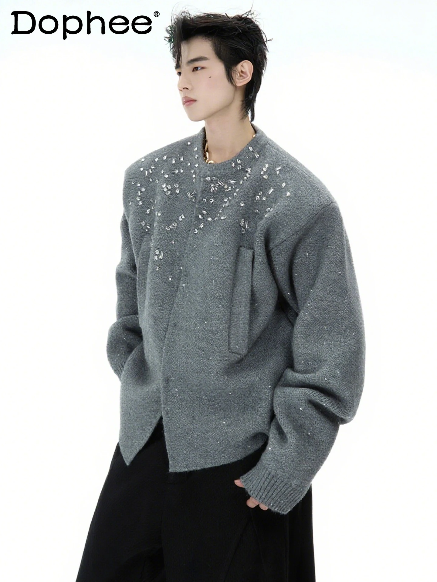 

2025 Japanese Style INS Fashion Heavy Embellished Cardigan Sweater for Men Autumn Loose Handsome Casual High-end Knitted Jacket