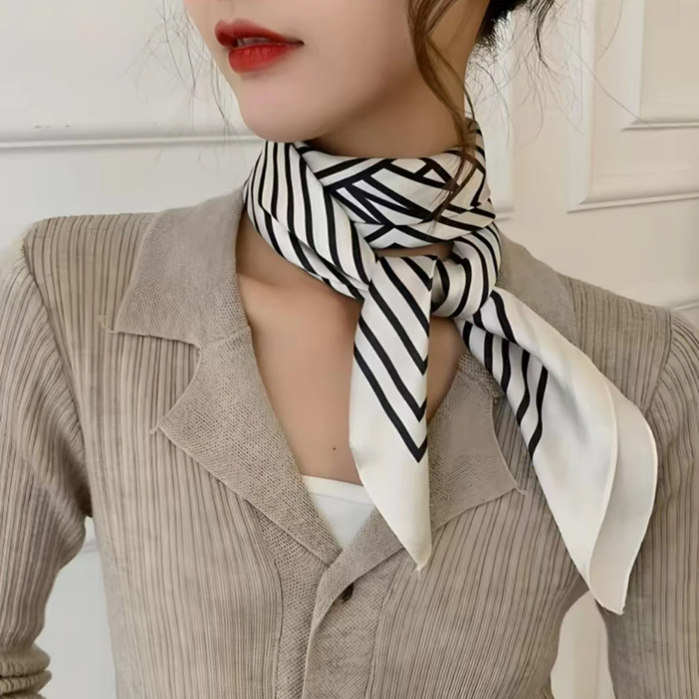 Fashion Square 70cm Black and White Striped Bandana Head Scarf Women's Hijab Shawls Kerchief Handkerchief Silk Satin Scarfs view 4