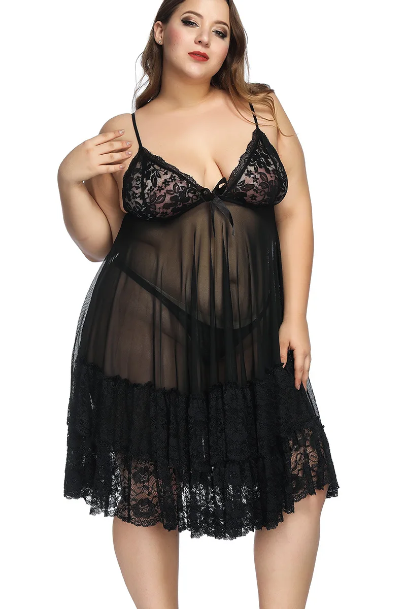 

5xl Plus Size Slip Pajamas Dress Women's Nightgown Sheer Lace Strap Babydoll Lingerie Sexy Nightdress Summer Thin Sleepwear