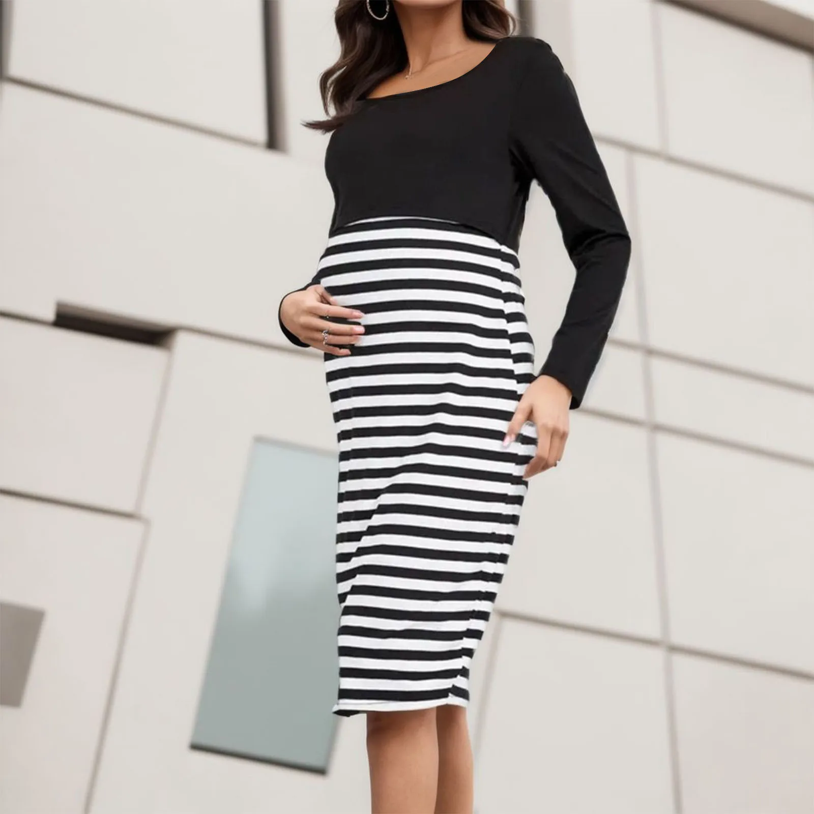 

New Maternity Long Sleeve Nursing Clothes Spring And Autumn Comfy Striped Long Skirt Pregnant Women Breastfeeding Dress Vestidos