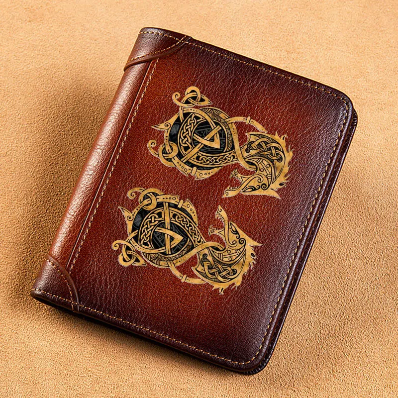 High Quality Genuine Leather Men Wallets Retro Viking Double Wolf Cover Short Card Holder Purse Trifold Men\'s Wallet BK3882