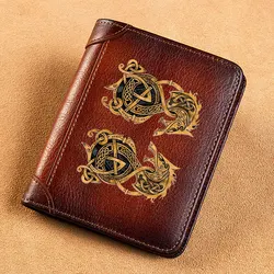 High Quality Genuine Leather Men Wallets Retro Viking Double Wolf Cover Short Card Holder Purse Trifold Men's Wallet BK3882