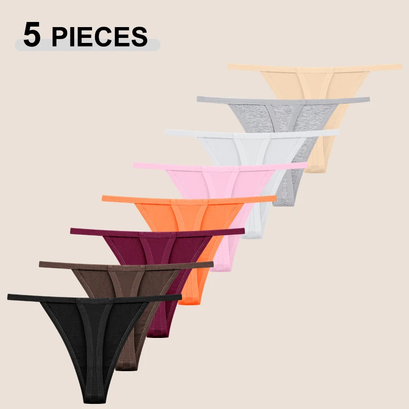 Conjunto de 5 uds de bragas de tela de algodón para mujer, sin costuras, de Color sólido, T-back de alta calidad, lencería íntima Sexy, suave y transpirable, S-XL