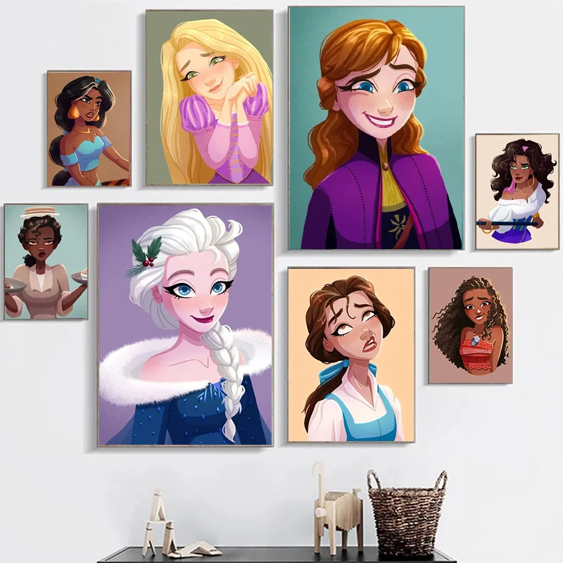 Disney Princess Anna Elsa Canvas Painting Wall Art Cartoon Funny Girl Posters Prints for Kids Bedroom Living Room Home Decor