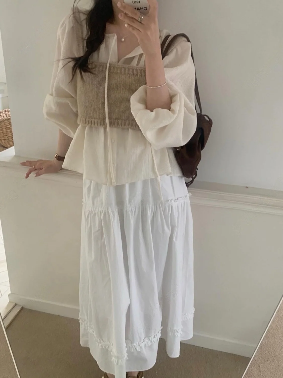 New Elegant Women's Shirt Pleated Waist Design Versatile Wrap Chest Sweater Half Skirt Spring Autumn Winter Commute Style