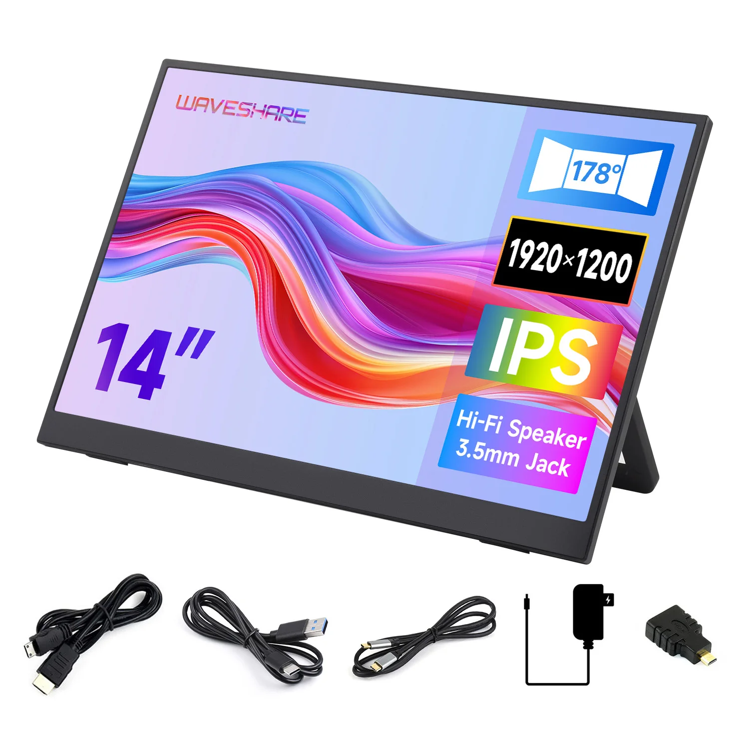 14inch Portable Monitor Waveshare With Stand IPS Screen Mini Interface 1920*1200 Full HD 178 ABS Case