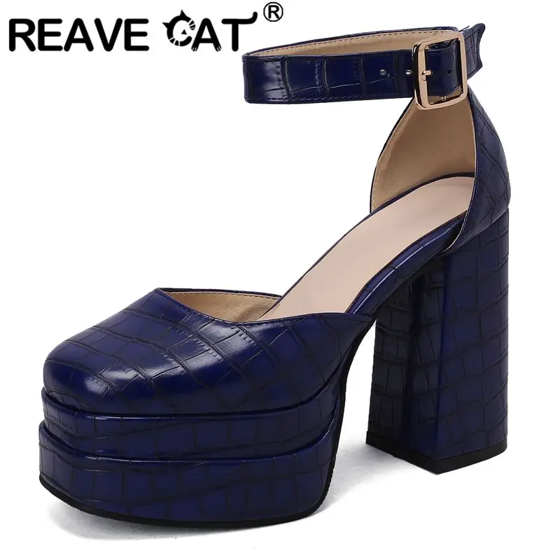 REAVE CAT 2025 New Sexy Fashion Female Sandals Square Toe Chunky Heels 12cm Double Platform 4cm Buckle Strap Plus Size 48 49 50