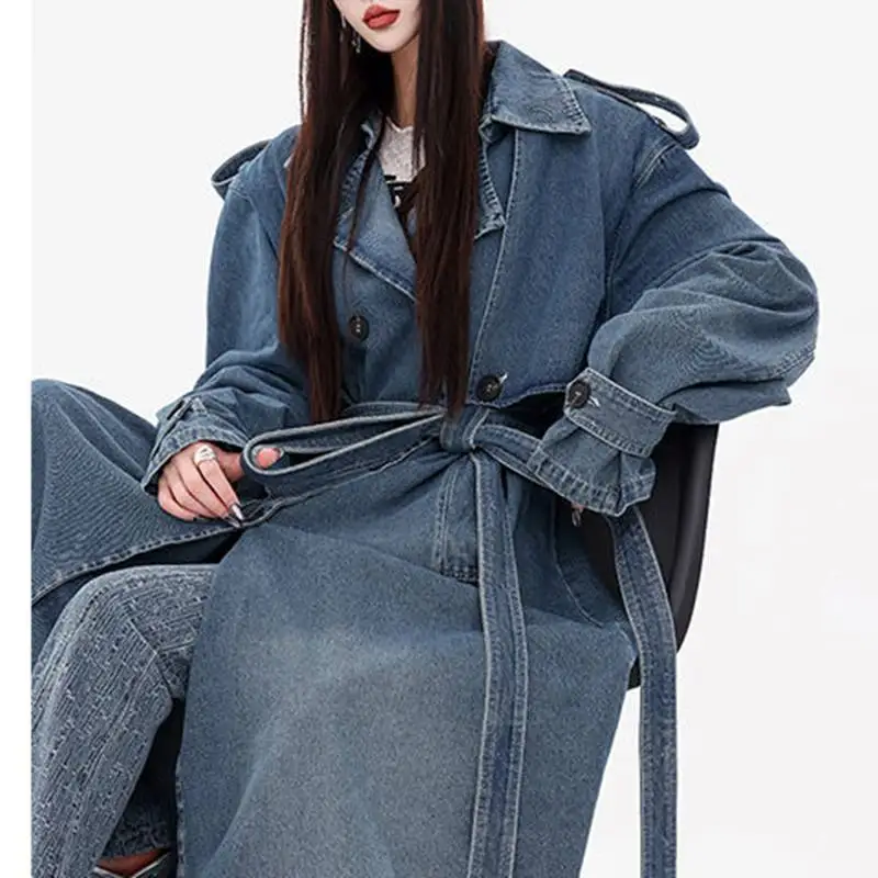 

Women's Retro Blue Denim Trench Coat Autumn Winter Vintage Outerwear Female Warm Jacket Long Sleeve Cropped Overcoat