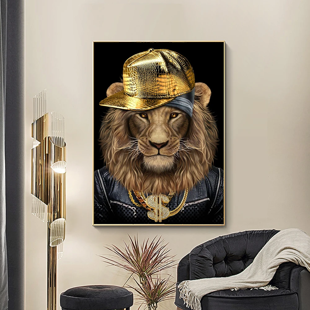 Cool Lion Monkey Wall Art Lion Rapper with Gold Hat Canvas Paintings Animal Pictures for Room Home Decoration Poster and Prints