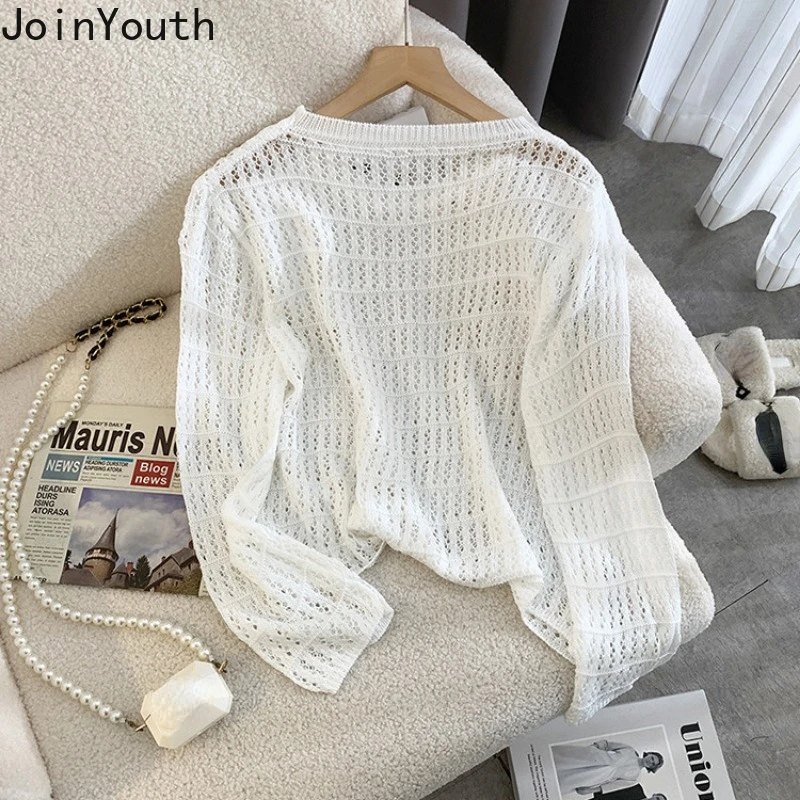 Sueter Mujer Fashion Sweaters Tops Women\'s Clothing Long Sleeve O-neck Jumper Casual Knitted Hollow Out Summer Cropped Pullovers