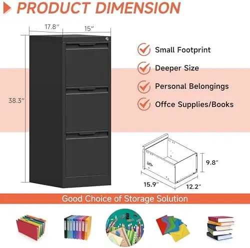 3 Drawer File Cabinet with Lock,Vertical Filing Cabinets for Home Office,Heavy Duty Metal File Cabinet for Hanging