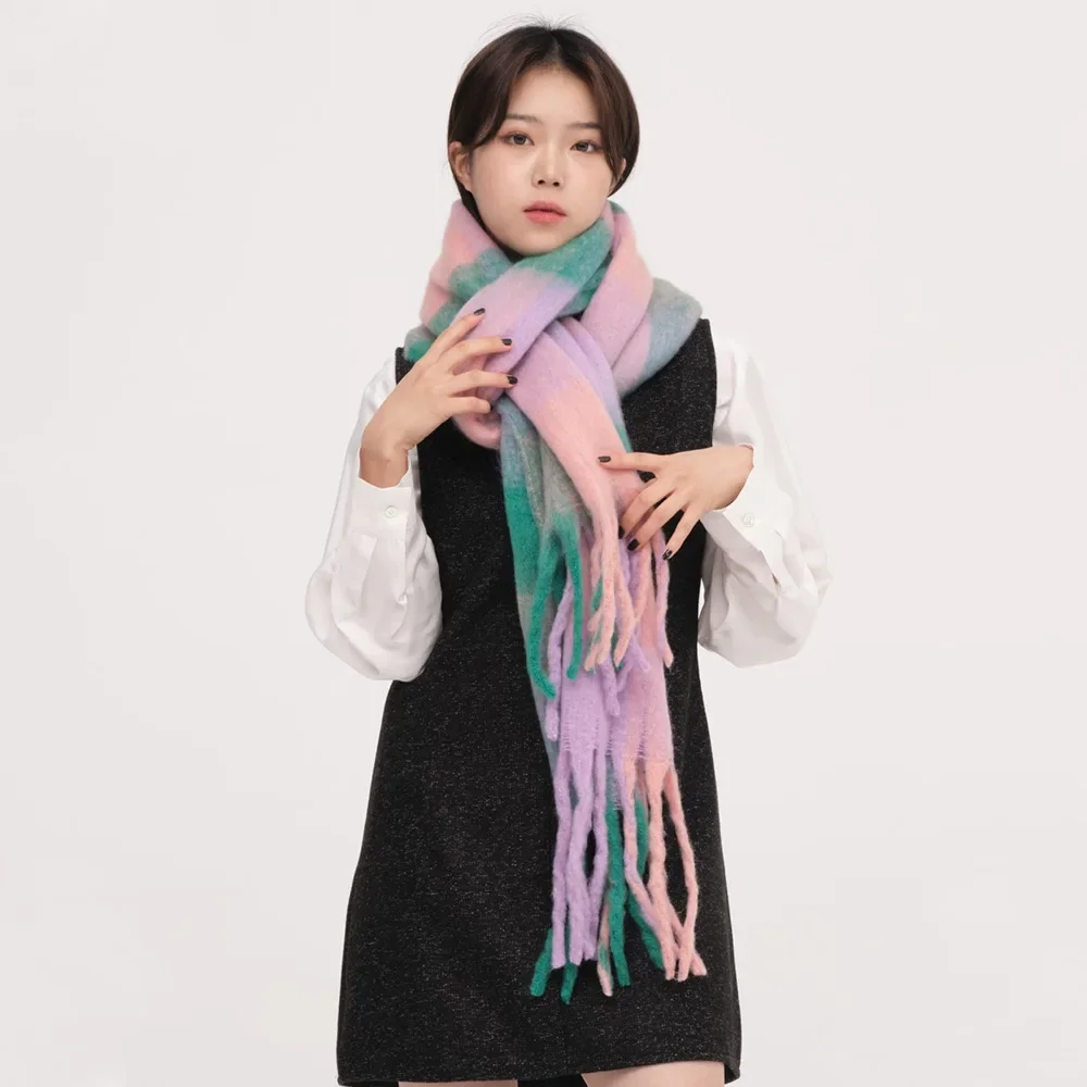 Ins Style New Plaid Mohair Scarf Soft Waxy Warm Scarf Autumn and Winter Imitation Cashmere Shawl Women